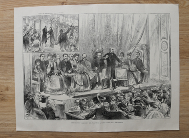 Wood Engraving Edinburgh 1885 the election campaign Mr Gladstone at the Albert hall
